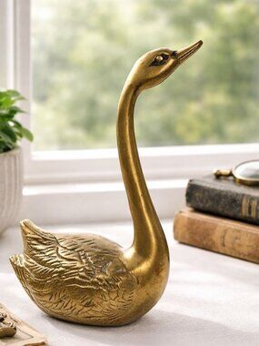Vintage Brass Swan Figurine Decorative Accent 8" Tall With Etched Feather Detail
